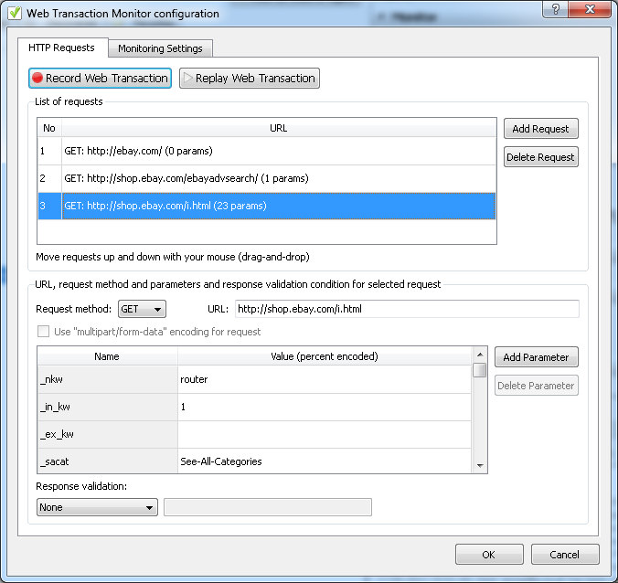 Web Transaction Monitor settings